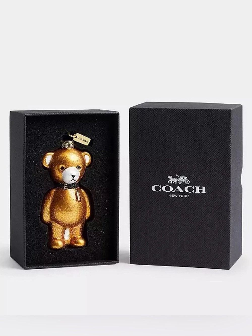 NWT Coach Glass Bear Holiday Ornament Gold Glitter with Gift Box (CCD51)